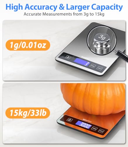 BakFee Food Scale - 15kg/33lb Digital Kitchen Scale with Full-View LCD Display, Grams and Ounces, Easy Clean Stainless Ste...