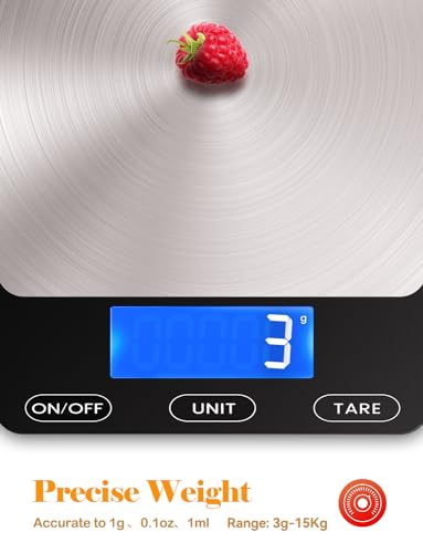 Food Scale -33lb Digital Kitchen Scale for Food Ounces Grams Rechargeable 304 Stainless Steel,Batteries and Type-C Chargin...