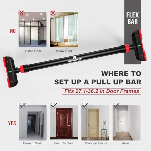 RHINOSPORT Door Pull Up Bar Doorway No-Screw from 69-92 cm (27.1in-36.2in) Workout Equipment for Home Gym Upper Body Worko...