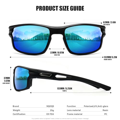 SQOQS Polarized Sports Sunglasses for Men UV400 Protection, Lightweight Wrap Around Sun Glasses for Fishing Cycling Running