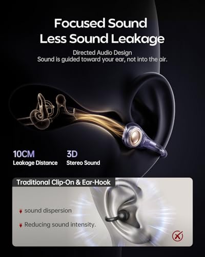 Kinglucky Open Ear Clip-On Earbuds, Semi-in-Ear Headphones No Ear Pain, Secure Fit for Running, Focused Sound for Work, Bl...