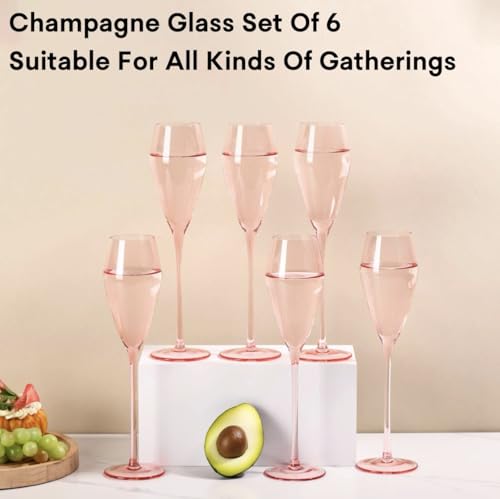 JOVGANG Pink Champagne Flutes Set of 6-7.5oz Hand-Blown Lead-Free Crystal Champagne Glass, Wedding Champagne Flutes, Date ...