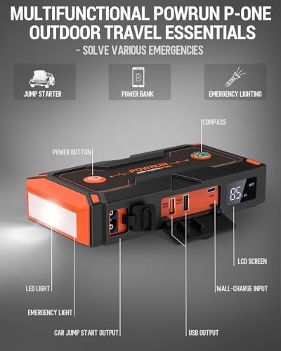 Powrun P-ONE Jump Starter, 2000A Portable Jump Box - Car Jump Starter Battery Pack for up to 8.0L Gas and 6.5L Diesel Engi...