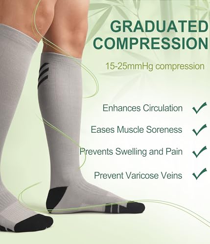 JODUCE Bamboo Viscose Compression Socks for Men & Women 3 Pairs,15-25 mmHg Knee-High Socks Support for Flying Travel Daily