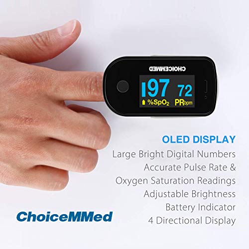 CHOICEMMED Black Dual Color OLED Finger Pulse Oximeter - Blood Oxygen Saturation Monitor with Color OLED Screen Display an...