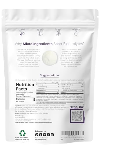 Micro Ingredients Electrolytes Powder, 2 lbs | 90 Servings | Sugar Free Workout Hydration | Potassium, Sodium, L-Glutamin...
