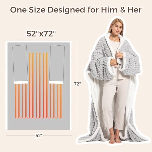 Electric Blanket Heated Throw, Soft Flannel & Sherpa Wearable Heated Blanket with Sleeves, Heating Wearable Blanket with 6...