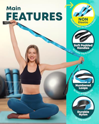 Stretching Strap with Loops - Non Elastic Stretch Band for Physical Therapy, Yoga Strap for Stretching Equipment, Stretch ...