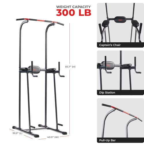 Sunny Health & Fitness Power Tower, Dip Bar, Push-Up & Pull Up Assisting Parallette Station w Optional Rock Climbing Grip ...