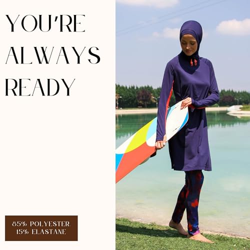 Islamic Full-Length Modest Swimsuit for Muslim Women | 4 PCS Burkini Set Top Pants Cap Bustier | Long Sleeve Rash Guard