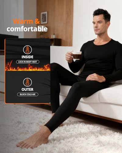 PISIQI Thermal Underwear Men Long Johns Set Ultra-Soft with Fleece Lined Base Layer Winter Skiing Warm Top & Bottom