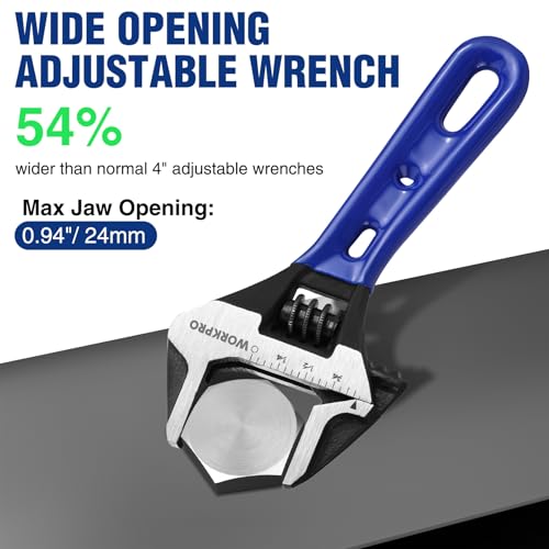 WORKPRO 4-Inch Stubby Adjustable Wrench, 0.94-Inch Extra Wide Jaw Opening Wrench, Metric/SAE Scales, Cr-V Steel, Ideal for...