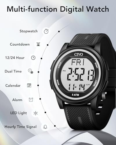 CIVO Digital Watches for Men Women: Sports Waterproof Wristwatch with Stopwatch Alarm Date - LED Backlight Big Numbers Sil...
