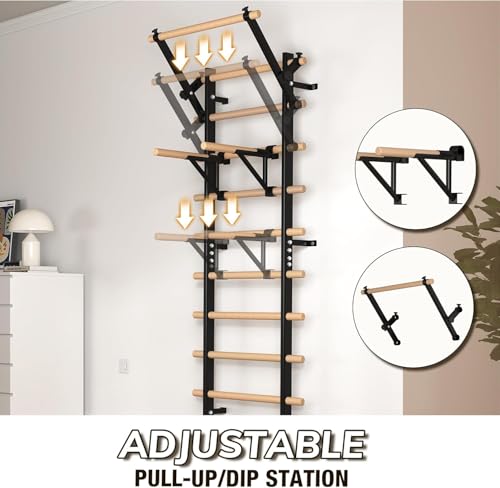 GMWD Swedish Ladder, Stall Bar, Suspension Trainer with Pull-Up Bar and Dip Bar Attachments, Wooden Stall Bar with 9 Strat...