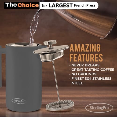 Extra Large French Press Coffee Maker 59 oz (1.75L), Large Capacity Stainless Steel Big French Press XL, Thermal Insulated Black Coffee Maker with Double Walled Insulation, Gray