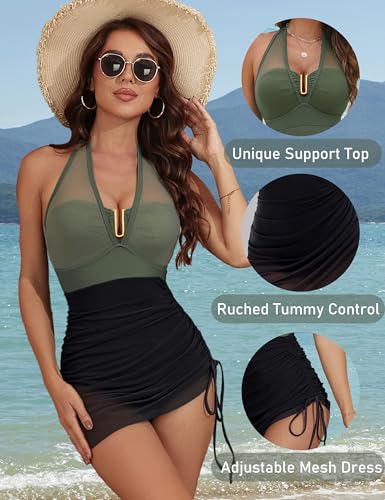 BMJL Womens One Piece Swimsuit Tummy Control Swim Dress Slimming Mesh Sheer Halter Sarong Wraps Bathing Suit