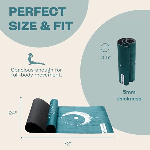Yoga Mat With Strap 5mm Non Slip Suede & TPE - Eco-Friendly Fitness & Exercise Mat for Home Gym, Pilates, Hot Yoga, and Me...