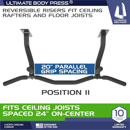 Ceiling Mount Pull Up Bar with Reversible Risers for 16 and 24 Inch Joists with Optimum Grip Spacing by Ultimate Body Press