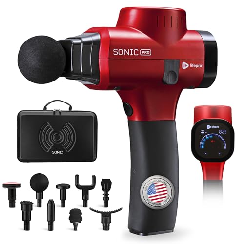 Lifepro Sonic Pro Handheld Electric Massage Gun – Deep Tissue Percussion Massager Gun with 10 Speeds & 9 Heads – Muscle Ma...