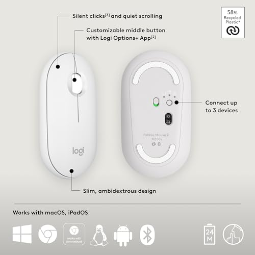 Logitech Pebble Mouse 2 M350s Slim Bluetooth Wireless Mouse, Portable, Lightweight, Customizable Button, Quiet Clicks, Eas...
