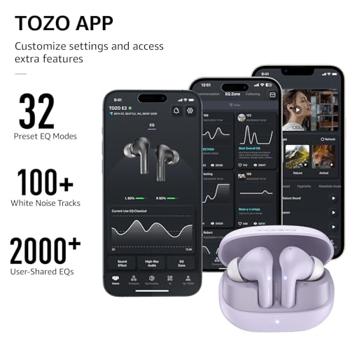 TOZO E2 Wireless Earbuds with 2 Mics AI Call Noise Cancellation, 10mm Drivers with Powerful Bass, App Customize 32 EQs, 30...