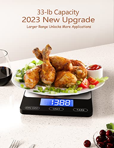 Food Scale -33lb Digital Kitchen Scale for Food Ounces Grams Rechargeable 304 Stainless Steel,Batteries and Type-C Chargin...