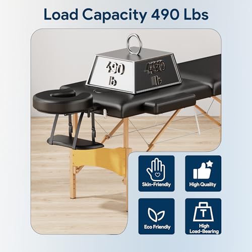 Brelley Massage Table Portable Wooden Lash Bed 24" Wide Adjustable Height 2-Fold Spa Table Foldable Tattoo Bed (Black)