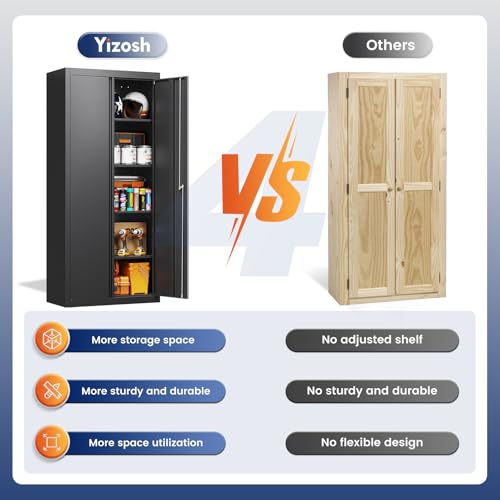 Yizosh Metal Garage Storage Cabinet with 2 Doors and 4 Adjustable Shelves - 71" Steel Lockable File Cabinet,Locking Tool C...