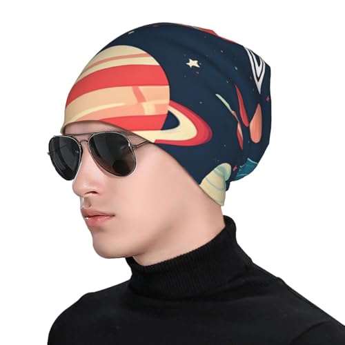 YANYU Outer Space Planets Print Soft Beanie Hat for Men Women Warm Fashion Cap for Jogging Cycling Gift Outdoor Use Black