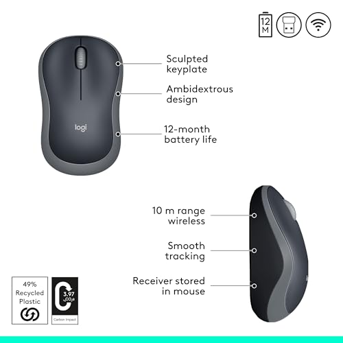 Logitech M185 Wireless Mouse, 2.4GHz with USB Mini Receiver, 12-Month Battery Life, 1000 DPI Optical Tracking, Ambidextrou...