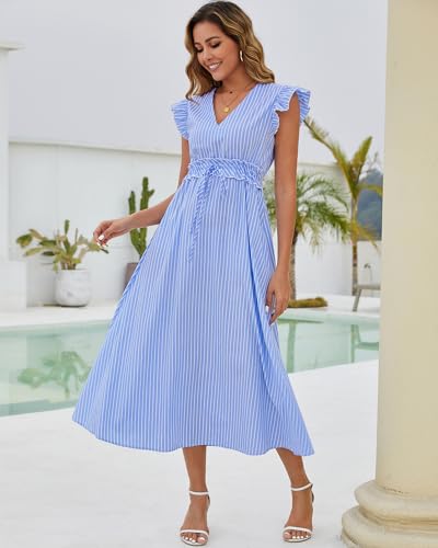 Bsubseach 2026 Cap Sleeve Cover Up Women Striped V Neck Beach Maxi Dress Drawstring Bathing Suit Coverups Swimwear