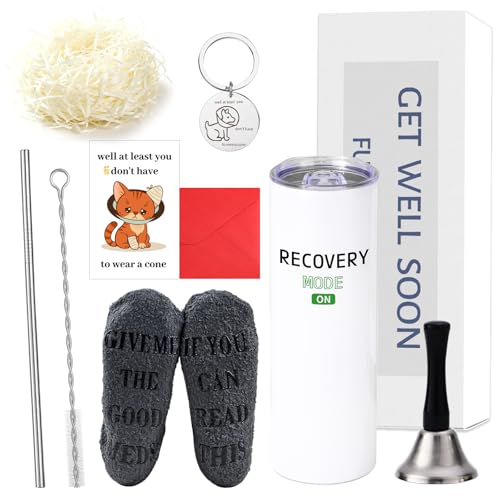 6 Pcs Funny Get Well Soon Gifts for Women Men, 20oz Hospital Mug Funny Recovery Socks Hand Bell Keychain Greeting Cards Ge...