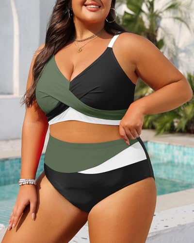 Plus Size Two Piece Swimsuit - Women High Waisted Bikini Set Tummy Control Bathing Suits