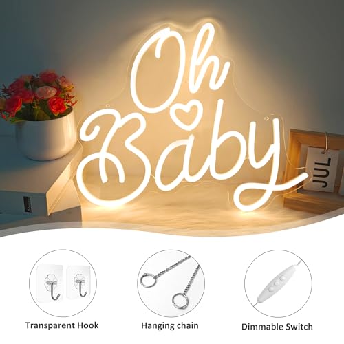 Oh Baby Neon Sign for Wall Decor, Baby Shower Neon Sign with Dimmer, Warm White Led Light for Bedroom Decor, Wall Decorati...