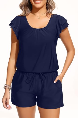 Tempt Me Women One Piece Romper Swimsuit - Ruffle Sleeve Modest Jumpsuit Bathing Suit with Shorts 2026 Swimwear