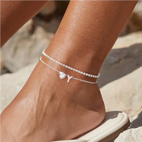 CIOMY Heart Initial Silver Anklets for Women Waterproof Dainty Silver Plated ankle bracelets for women Large Ankle Women's...
