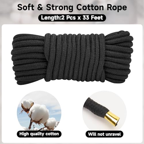 KINGLAKE 10MM Soft Cotton Rope 2 Pack 33Ft/10M Black Rope Thick Rope for Plant Hanging, Hanging Clothes, Crafts, Wrapping,...