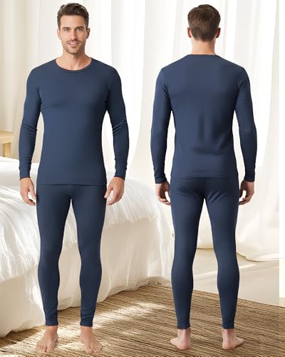 Patelai 2 Pack Thermal Underwear for Men Fleece Lined Winter Base Layer Set Long Sleeve Crew Neck Top and Bottom