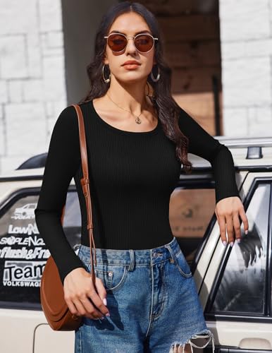 Ekouaer Long Sleeve Shirts for Women Ribbed Scoop Neck Tops 2025 Fall Basic Tees Fitted Thermal Undershirts Clothes XS-XXL