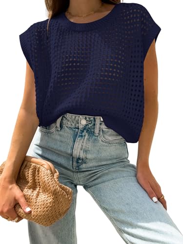 Bellcoco Womens Summer Crochet Tops Hollow Out Cap Sleeve Cover Up Tank Top Pullover Sweater Vest Beach Vacation Clothes