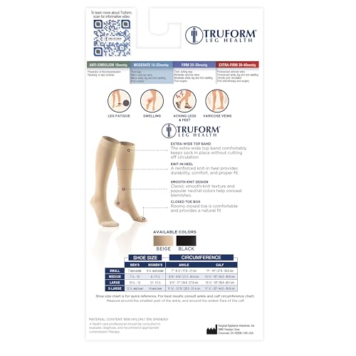 Truform 15-20 mmHg Compression Stockings for Men and Women, Knee High Length, Closed Toe, Black, Medium