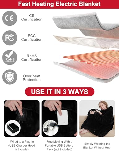 KFUBUO Heated Electric Wearable Blanket Throw Battery Operated Portable USB Cordless Outdoor Hoodie Sweatshirt