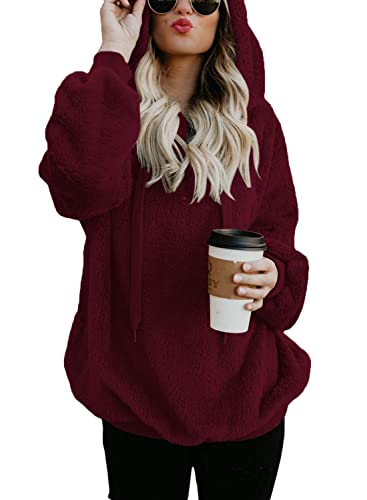 ReachMe Womens Oversized Sherpa Pullover Hoodie with Pockets Fuzzy Fleece Sweatshirt Plaid Fluffy Jacket Coat