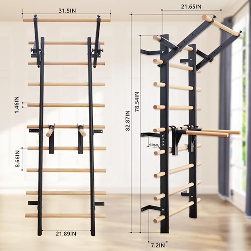 PreGymnastic Stall Bars, Swedish Ladder for Adult and Kids, Wall Bar with Wood Rods, Durable Steel Frame, Adjustable Pull ...