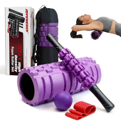 JOYENERGY 5 in 1 Foam Roller Set, Trigger Point Foam Roller Patented, Massage Roller Stick, Massage Ball, Stretching Strap...