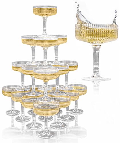 Ksestor ACRYLIC Champagne Tower - 7oz. Set of 21 Champagne Flutes Plastic - For Weddings & Parties - Plastic Coupe Glasses...