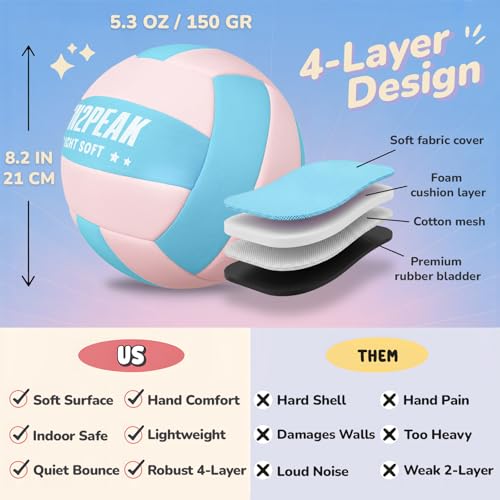 RUN2PEAK Super Soft Light Volleyball - Safe and Quiet Fabric Volleyball Ball for Indoor Play - Official Size 5 Kids Youth ...