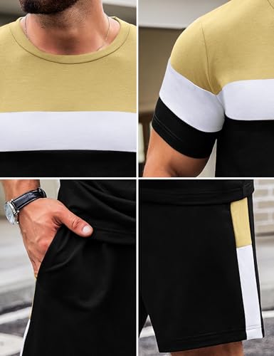 Babioboa Men's Short Sleeve Colorblock T Shirt & Shorts Sweatsuit Set Summer 2 Piece Outfits Casual Athletic Sports Tracksuit