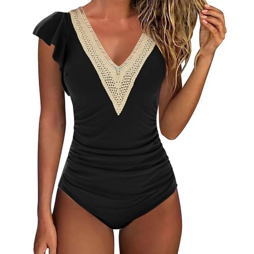 One Piece Swimsuit Women Tummy Control Ruffle Cap Sleeve Lace Deep V Neck Bathing Suit Slimming Modest Retro Swimwear