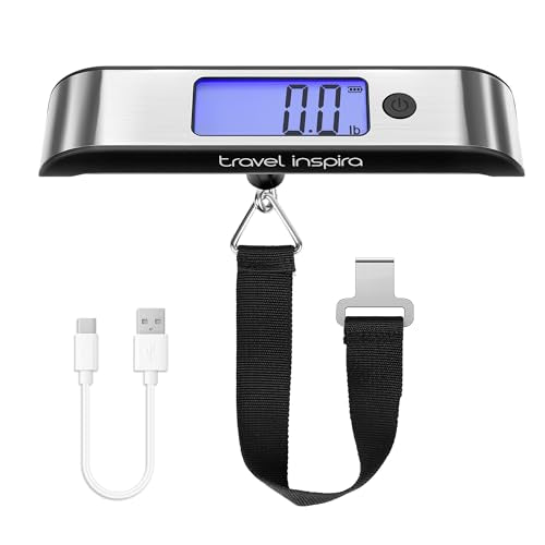 travel inspira Rechargeable Luggage Scale 110lb/50kg - Large Backlit Display - Stainless Steel - Portable Digital Hanging ...